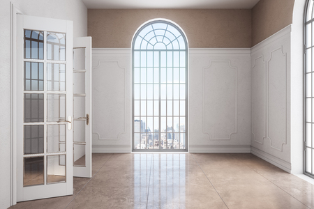 Modern empty classical interior with tile floor, concrete wall and window with city view. 3D Renderingの写真素材