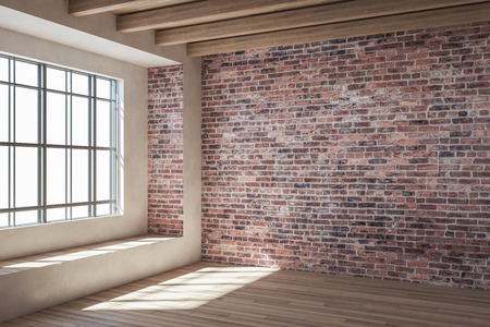 Contemporary loft red brick interior with window and sunlight. 3D Renderingの写真素材