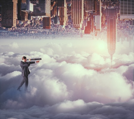 Side view of young businessman using telescope to look into the distance on abstract upside down New York city background with clouds. Forecast and vision conceptの写真素材