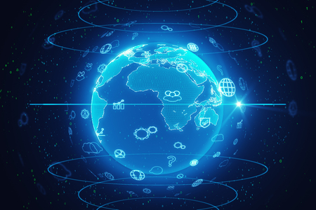 Glowing globe with interface on dark background. Social network and cloud concept. 3D Renderingの写真素材