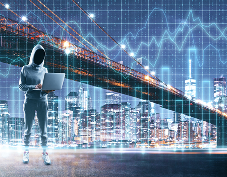 Hacker using laptop on abstract illuminated night city background with forex chart grid. Malware and stats concept. Double exposureの写真素材