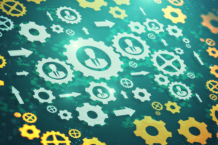 Abstract digital cogwheels wallpaper with arrows and people icons. Engineering and control concept. 3D Renderingの写真素材
