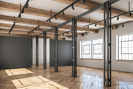 Light concrete and wooden warehouse interior with windows and sunlight. Storage concept. 3D Renderingの写真素材