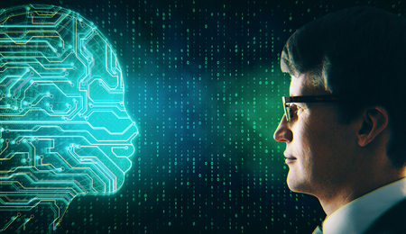 Attractive european businessman with glowing digital circuit head. AI and innovation concept.の写真素材