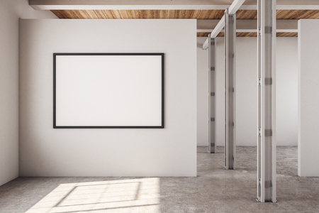 Modern warehouse interior with empty banner on concrete wall. Industrial and storage concept. Mock up, 3D Renderingの写真素材