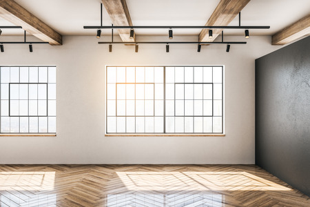 White concrete and wooden warehouse interior with windows and sunlight. Storage concept. 3D Renderingの写真素材