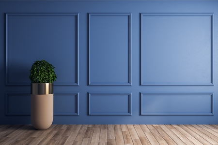 Classical interior with empty blue copyspace on wall and decorative pot plant. Mock up, 3D Renderingの写真素材