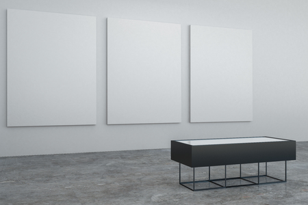 Modern museum interior with blank banner on concrete wall and floor with bench. Mock up, 3D Renderingの写真素材