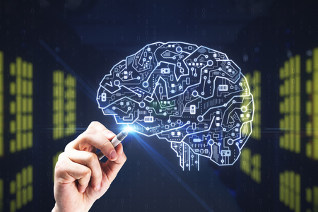 Hand with creative circuit brain on blurry server room background. Artificial intelligence and computing concept.の写真素材
