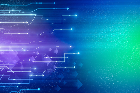 Creative circuit arrows wallpaper with blurry lines. 3D Renderingの写真素材