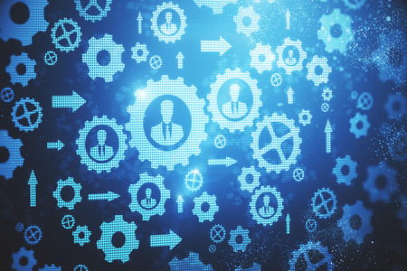 Abstract digital cogwheels texture with arrows and people icons. Engineering and control concept. 3D Renderingの写真素材