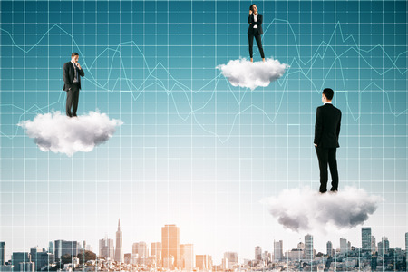 Businesspeople standing on abstract clouds with forex chart grid on blue sky and city background....