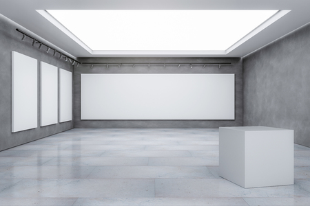 Contemporary concrete exhibition hall interior with empty billboard and reflections on floor. Gallery and museum concept. Mock up, 3D Renderingの写真素材