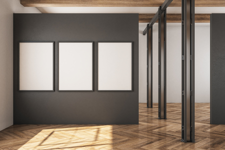 Modern warehouse interior with empty billboard on concrete wall. Industrial and storage concept. Mock up, 3D Renderingの写真素材