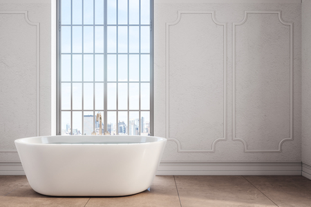 Modern bathroom interior with bathtub, copy space on wall and city view. Mock up, 3D Renderingの写真素材