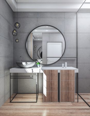 Modern bathroom interior with sink and mirror. Luxury style concept. 3D Renderingの写真素材