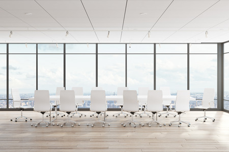 Bright meeting room interior with panoramic city view and furniture. 3D Renderingの写真素材