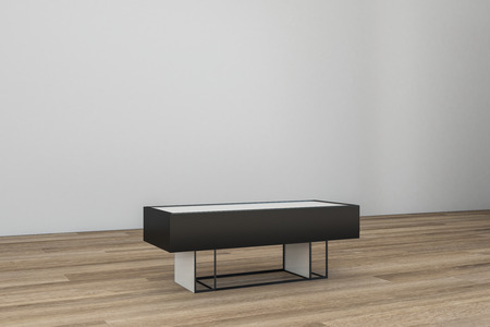 Contemporary museum interior with blank copyspace on concrete wall and wooden floor with bench. Mock up, 3D Renderingの写真素材