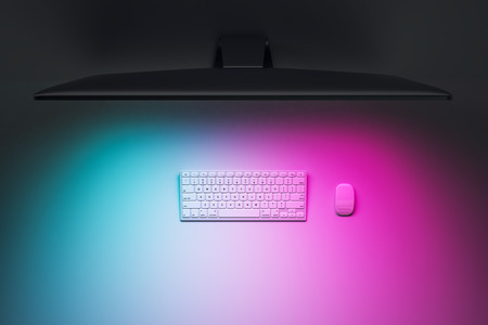 Top view of computer with keyboard on purple gradient desktop. Design concept. 3D Renderingの写真素材