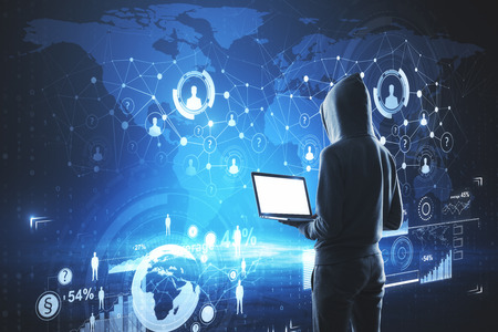 Side view of hacker using laptop with glowing business interface. Social network and malware concept