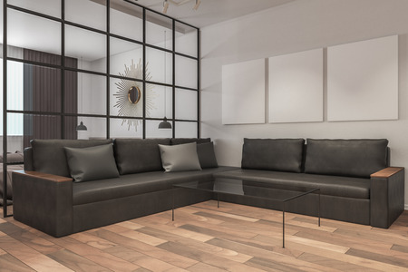 Contemporary living room interior with empty poster, leather couch and glass coffee table. 3D...