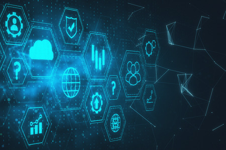 Creative digital business interface with icons on blurry dark background. Innovation and cloud...