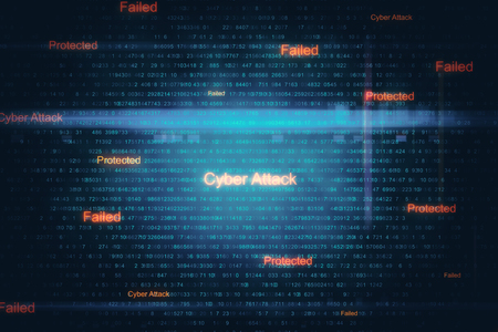 Abstract digital cyber attack background. AI and protection concept. 3D Rendering