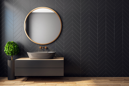 Modern black bathroom interior with decorative tree, sink, round mirror, sunlight and copy space. 3D Renderingの写真素材