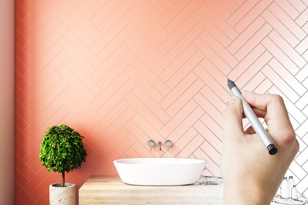 Hand drawing modern bathroom interior with sink and decorative green tree. Engineering and blueprint concept.の写真素材