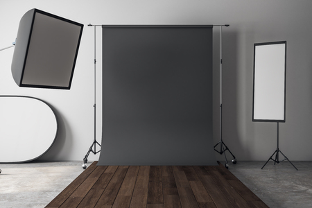 Clean photo studio interior with copy space on background and professional equipment. Mock up, 3D Renderingの写真素材