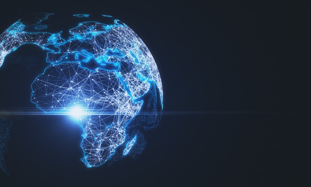 Glowing polygonal globe on dark background. Internation ai and internet concept. 3D Rendering