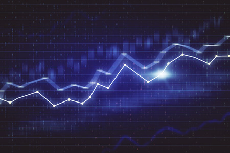 Glowing blurry candlestick forex chart background with lines. Invest and finance concept. 3D...