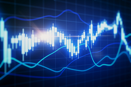 Blurry glowing forex chart on grid background. Finance and trade concept. 3D Renderingの写真素材
