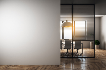 Modern meeting room interior with blank copyspace on wall and daylight. Toned image. Workplace concept. Mock up, 3D Renderingの素材 [FY310119868599]