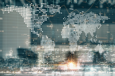 Abstract blurry office interior with digital map and forex chart. Global business and trade concept....