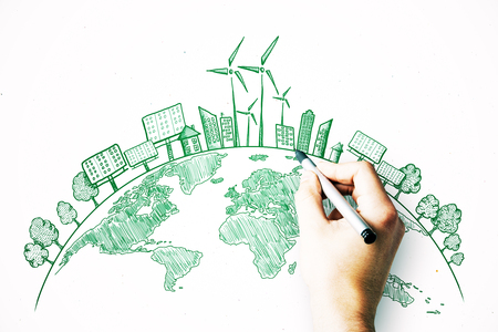 Hand drawing creative eco globe sketch on white background. Eco-friendly and green conceptの写真素材