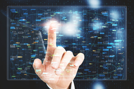 Close up of businessman hand using glowing forex chart screen. HUD and invest concept. Double...