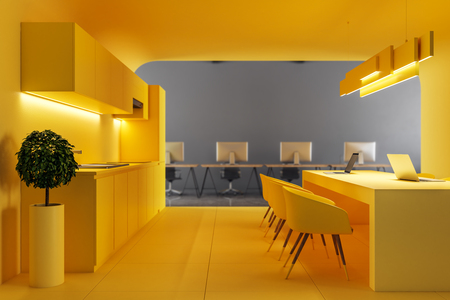 Contemporary yellow office kitchen interior. Style, design and comfort concept. 3D Renderingの写真素材