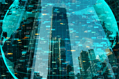 Creative digital globe with forex chart on blurry city background with skyscraper. Global trade and analysis concept. Double exposureの写真素材