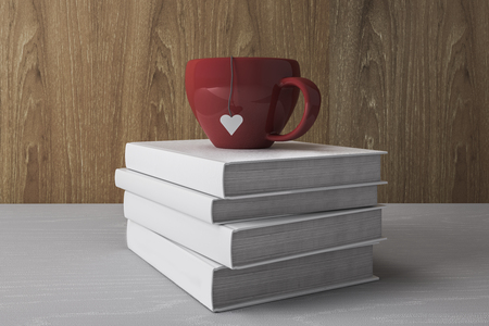 Stack of white books with red cup. Education Concept. 3D Renderingの写真素材