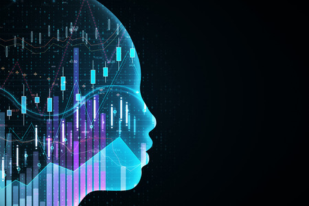 Side view of glowing head outline with forex chart on black background. AI and stock concept. 3D Renderingの写真素材