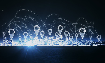 Glowing night city with map location pins. Social network and technology concept. Double exposure