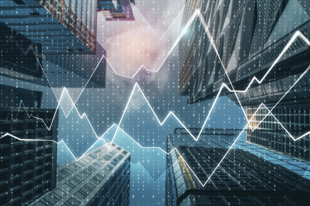 Creative city background with forex chart and numbers. Trade and analysis concept. Double exposure