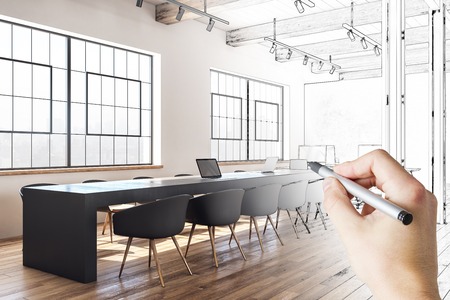 Hand drawn meeting room interior. Design and blueprint concept.の写真素材