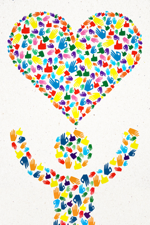 Abstract colorful hand gesture person and heart on white background. Community and charity concept. 3D Renderingの写真素材