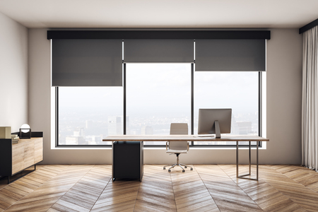 Modern wooden office interior with furniture and city view. 3D Renderingの写真素材
