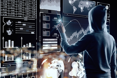 Theft and hud concept. Hacker using digital business interface on blurry night city background....
