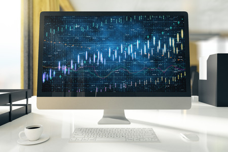 Close up of modern office workplace with computer, coffee cup and forex chart. Trade and finance concept. 3D Renderingの写真素材