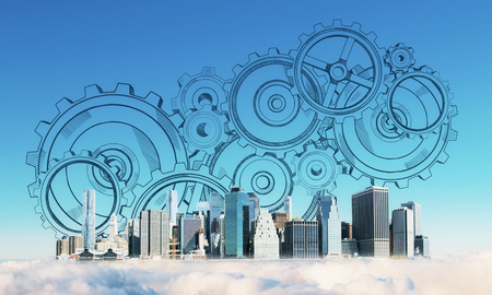 Creative New York city skyline on blue sky background with drawn cogwheels. Engineering and mechanism concept. Double exposureの写真素材