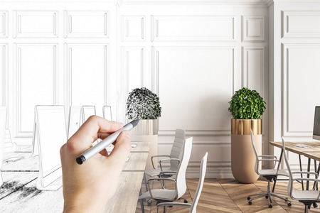 Hand drawn coworking office interior. Design and engineering concept.の写真素材